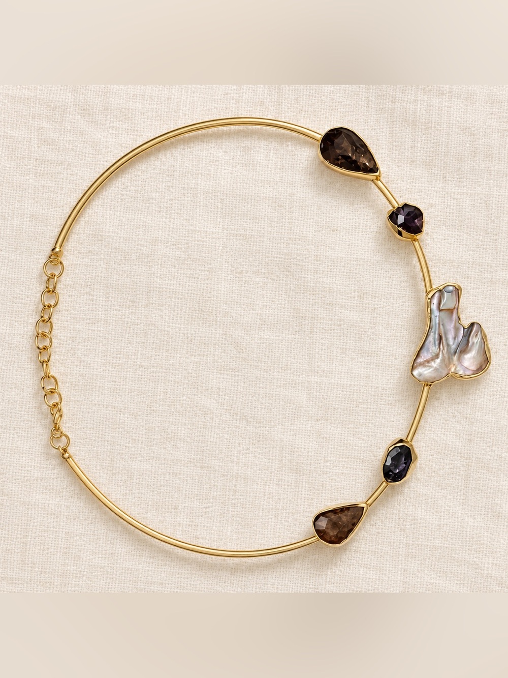 Bubu Shop Gold Choker Necklace with Iridescent Pearl and Smoky Gem Accents New
